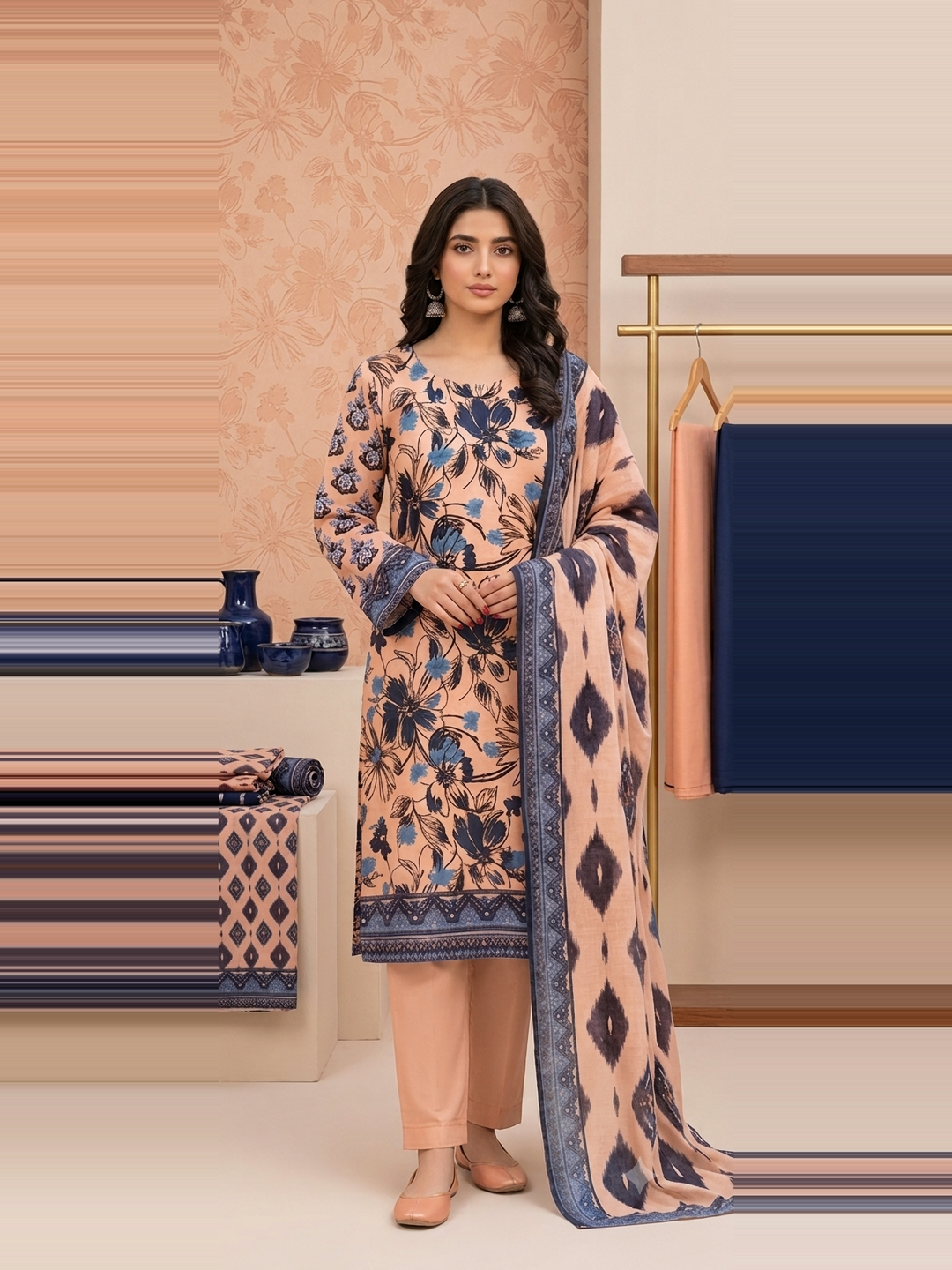 Zellbury D‑09 Premium Lawn 3 Piece – Printed Shirt, Voil Dupatta & Dyed Trouser
